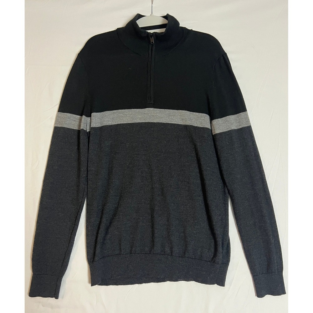 Express Mens Merino Wool Blend Quarter Zip Sweater Colorblock Black Gray Large